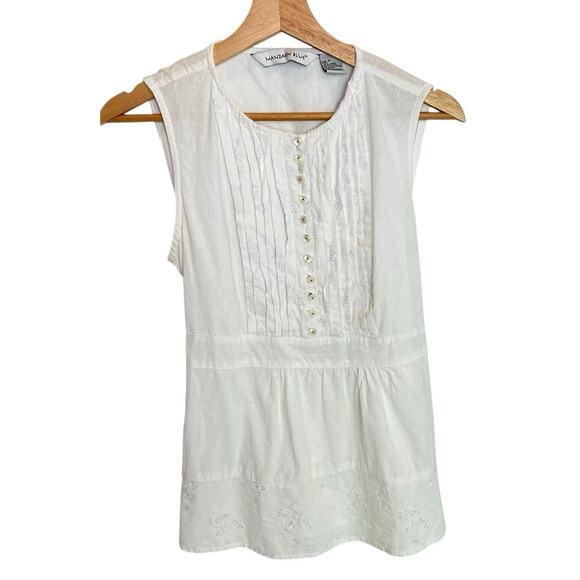 Mandarine Blue Linen White Eyelet Pin Tuck Top Medium Cottagecore Coastal - Picture 5 of 11